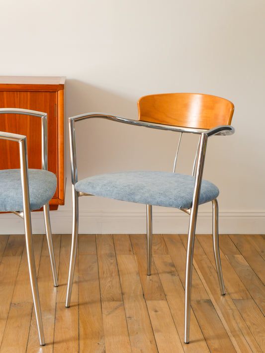 Paire de chaises en chrome et dossier en bois, Baby Blue, Design, 1970