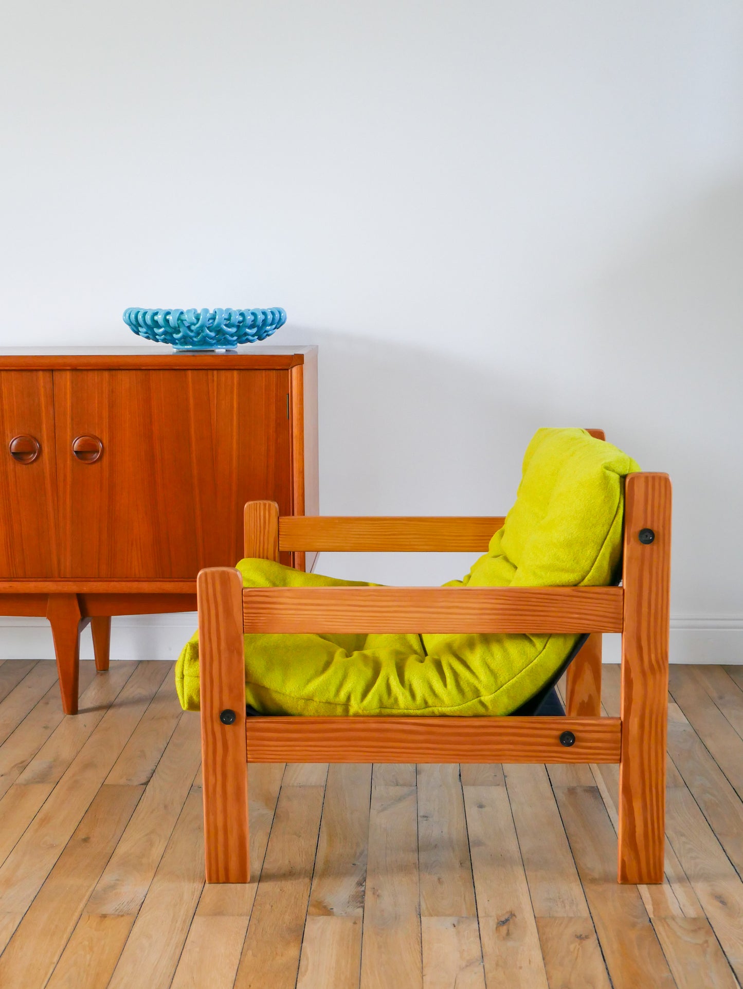 Paire de chauffeuses en pin et laine bouillie, Vert Matcha, 1980
