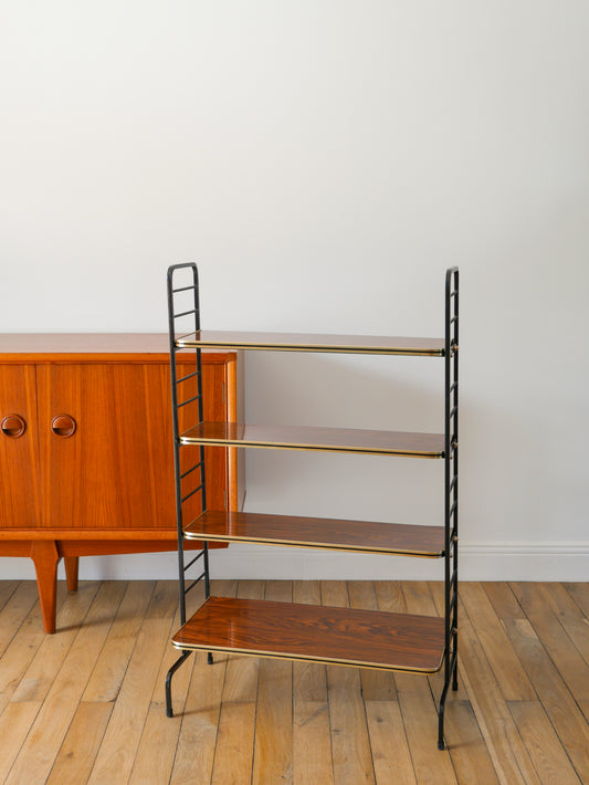 Étagère sur pieds en formica, fer noir et laiton, 1960