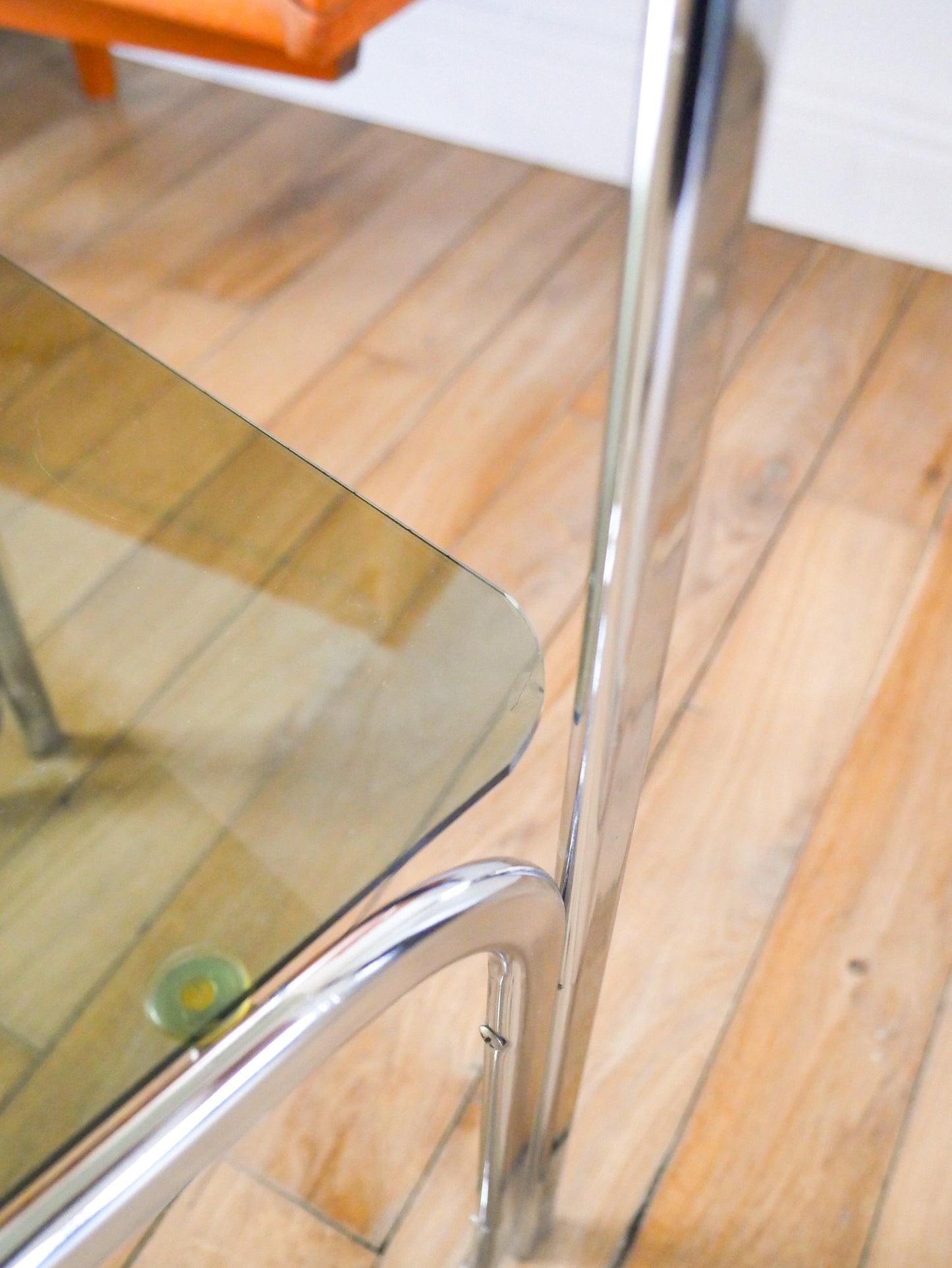 Table d'appoint tubulaire en chrome et verre fumé, double plateaux, Design, 1970