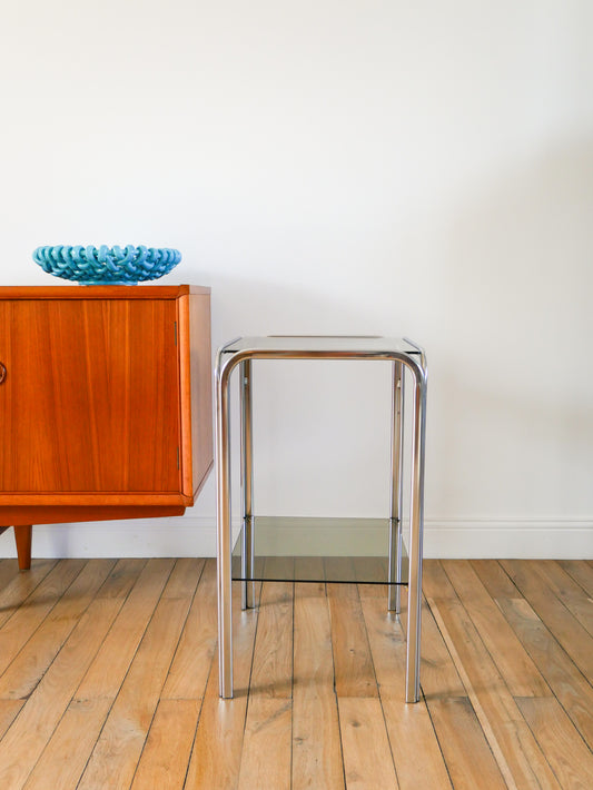 Console / table d'appoint tubulaire en chrome et verre fumé, double plateaux, 1970 -