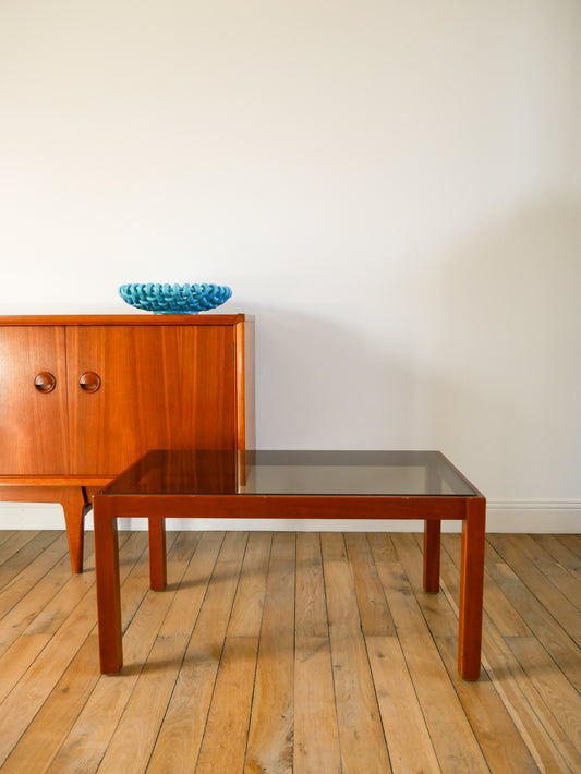 Table basse en bois et verre fumé, Design, 1970