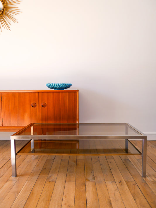 Grande table basse en acier brossé, laiton et verre fumé, double-plateaux, Design, Made in Italy, 1970