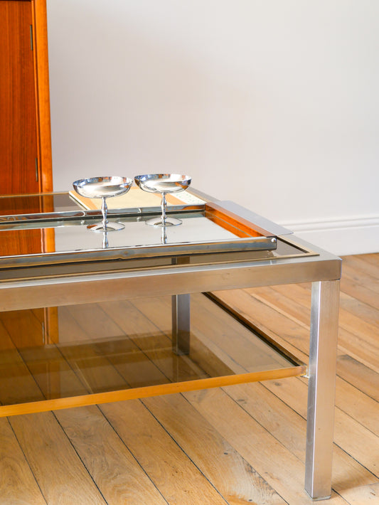 Grande table basse en acier brossé, laiton et verre fumé, double-plateaux, Design, Made in Italy, 1970