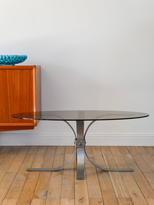 Table basse ovale en verre fumé et acier brossé, 1968