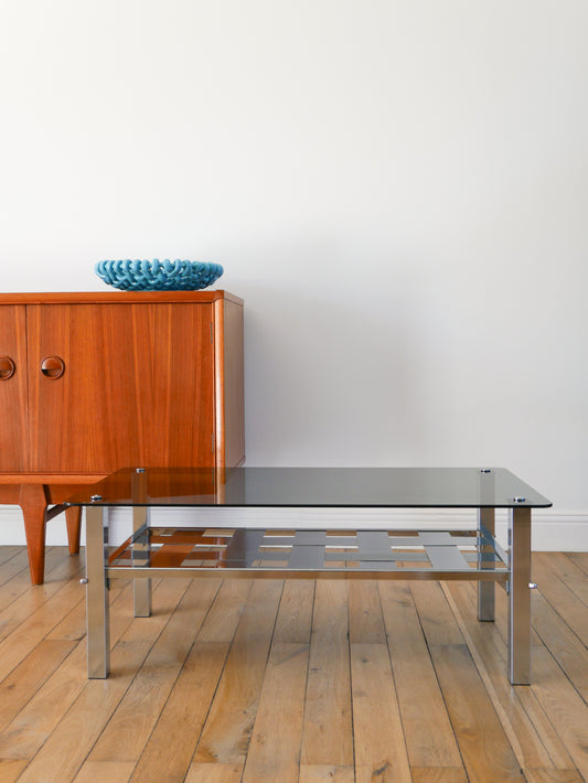 Table basse en aluminium et verre fumé, plateau rectangulaire, Design, 1980