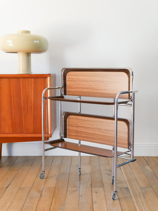 Desserte roulante en chrome et formica modulable, à triple plateaux, 1970