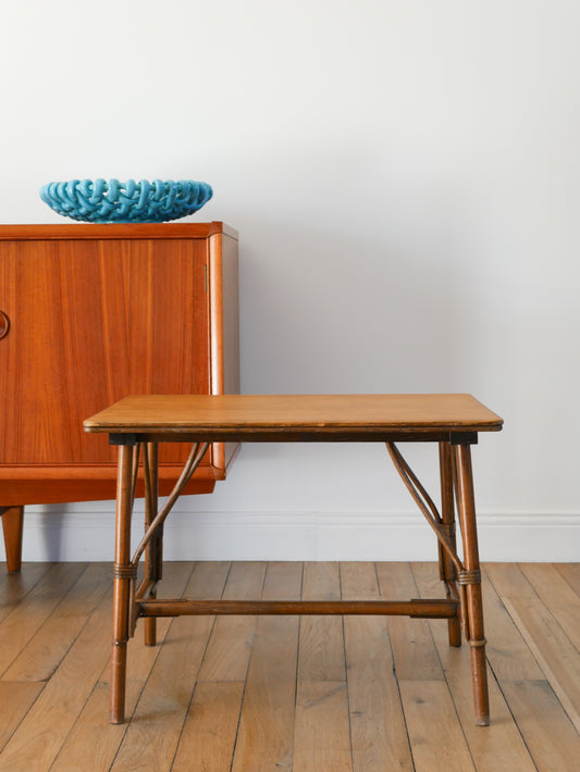 Table basse en rotin et placage bois, 1960