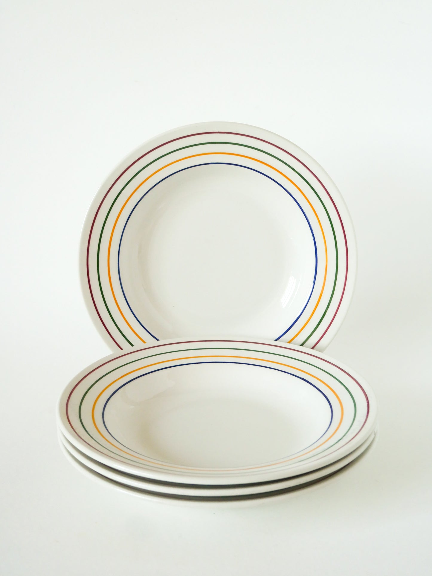 Lot de 4 assiettes creuses, Liserés Multicolores, Design, 1960