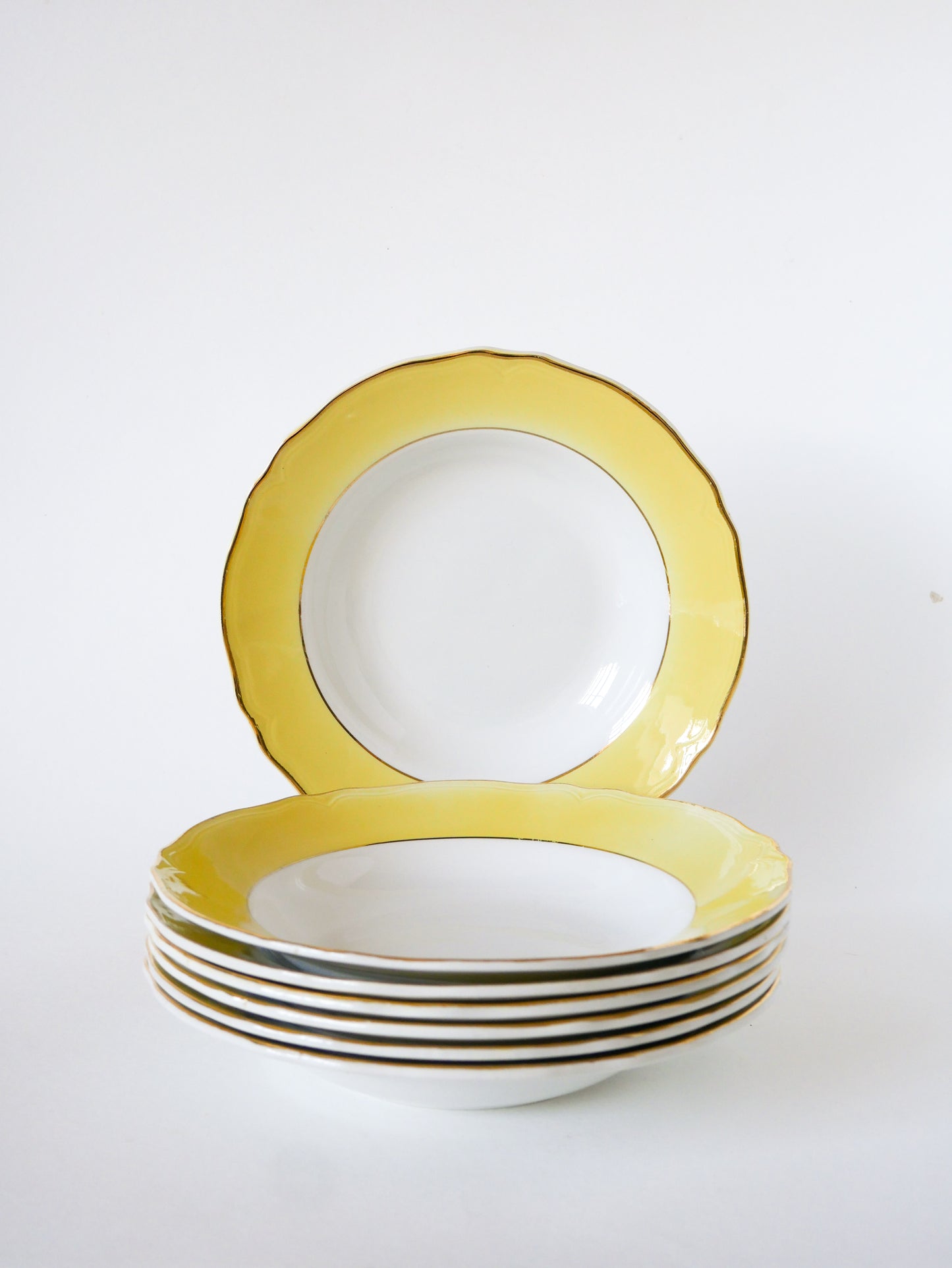 Lot de 7 assiettes creuses Badonviller à Liserés, Jaune & Doré, 1960