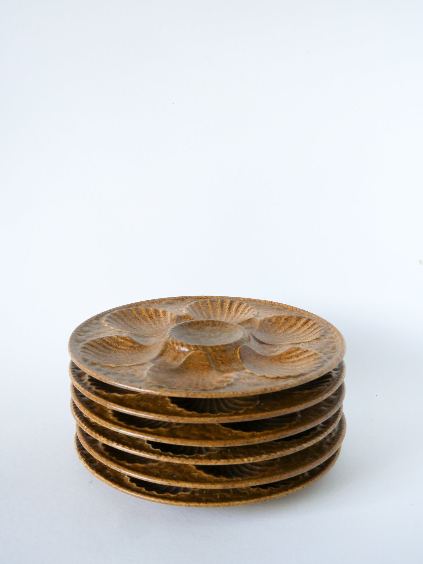 Lot de 6 assiettes à huîtres en grès, Beige & Brun, 1970
