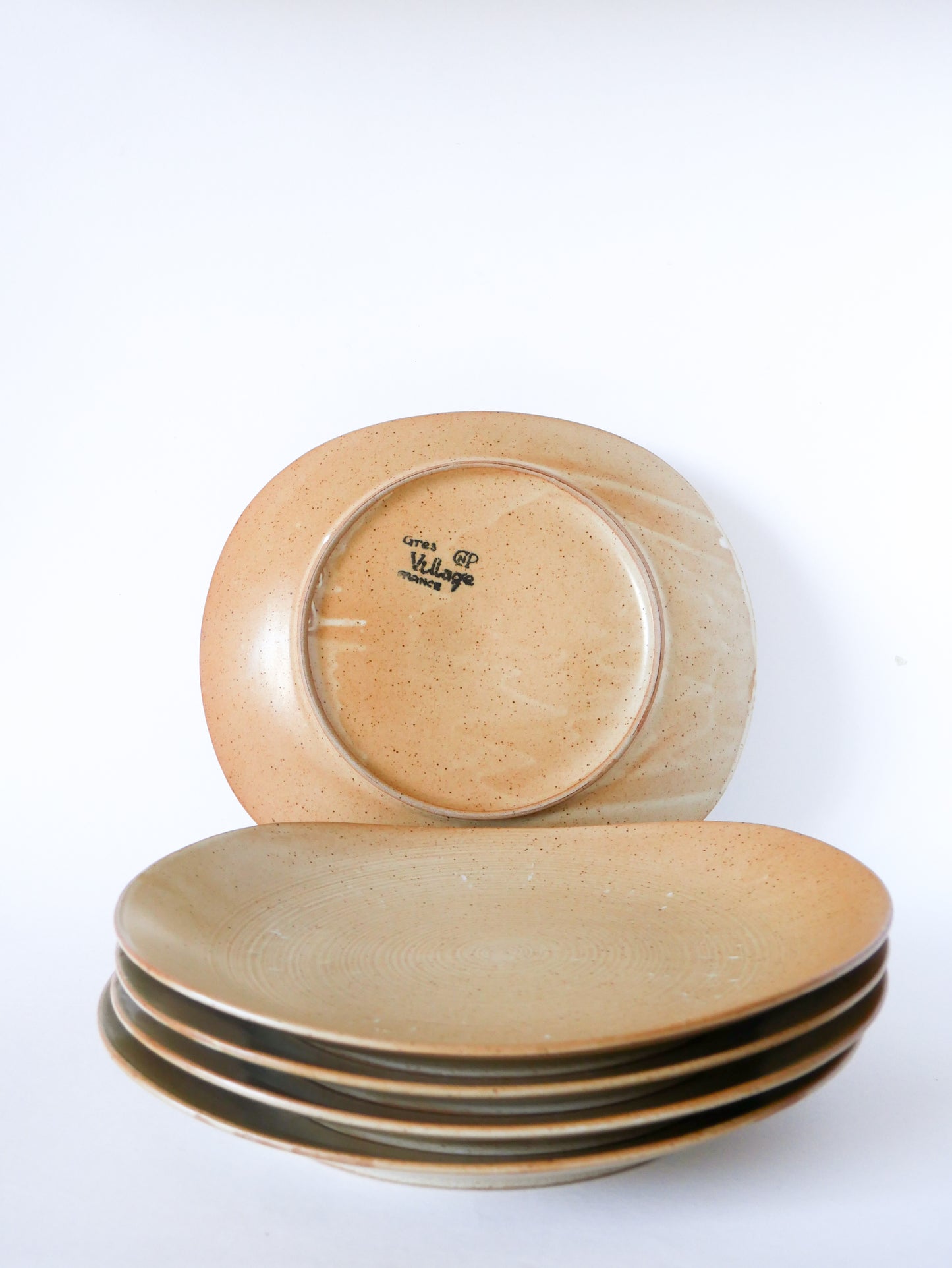 Lot de 5 très grandes assiettes plates en grès ovales, Grès du Village, 1970