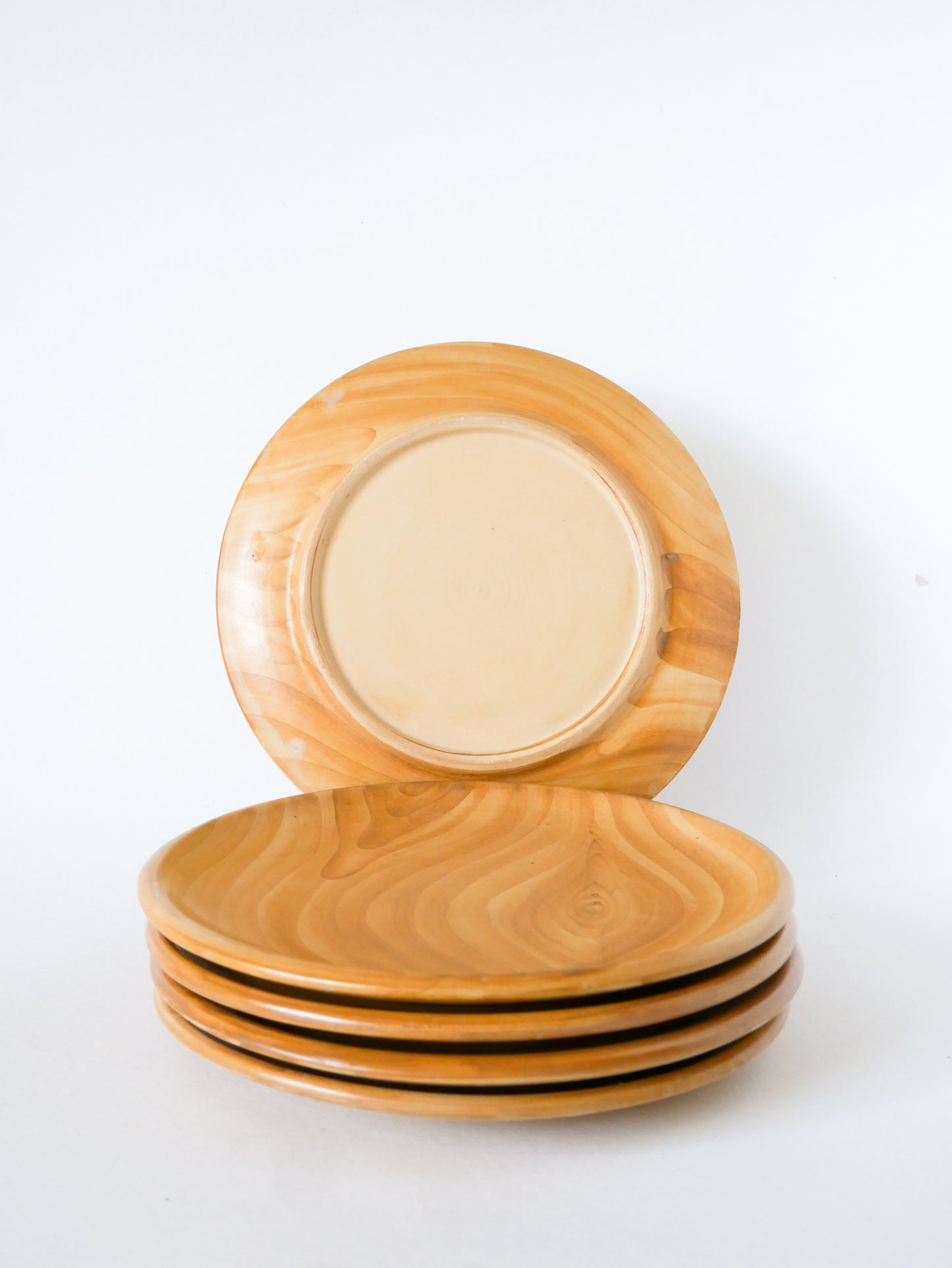 Lot de 5 assiettes plates en céramique, Vallauris Grandjean-Jourdan effet bois, Design, 1960