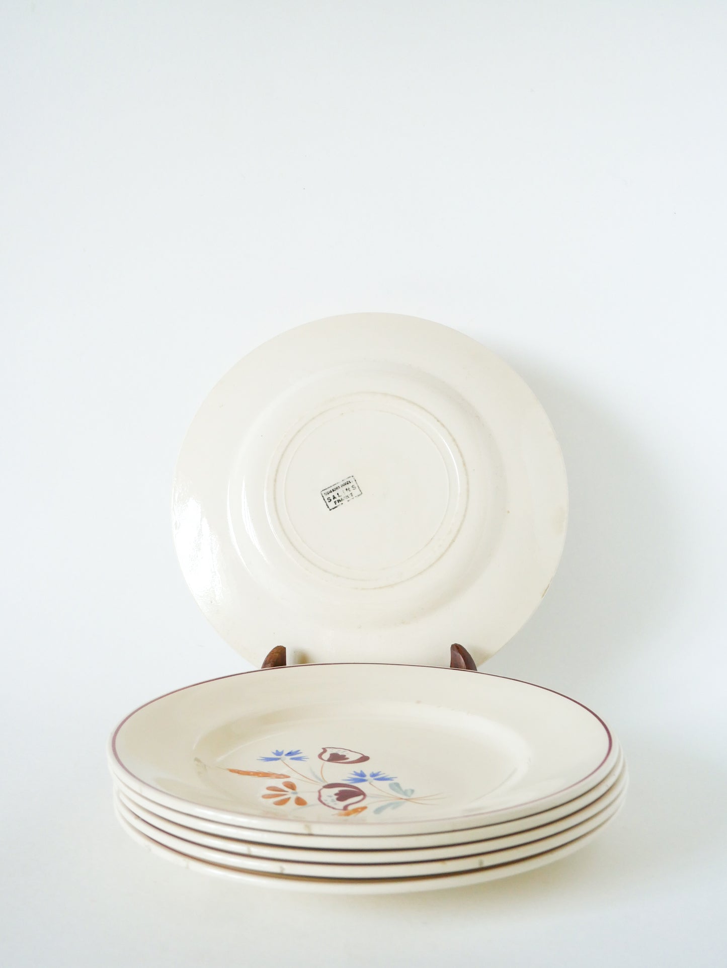 Lot de 6 assiettes plates Salins, motifs Fleurs peintes à la main, 1950