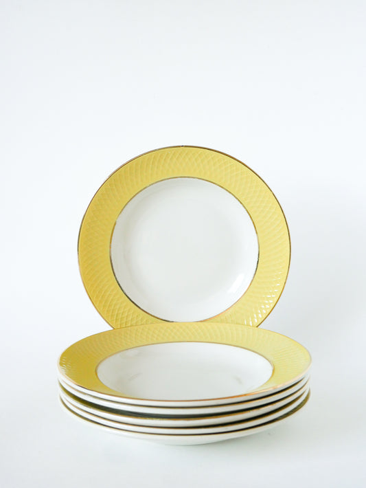 Lot de 6 assiettes creuses, texture nid d'abeilles, Jaune Canari & Doré, 1960
