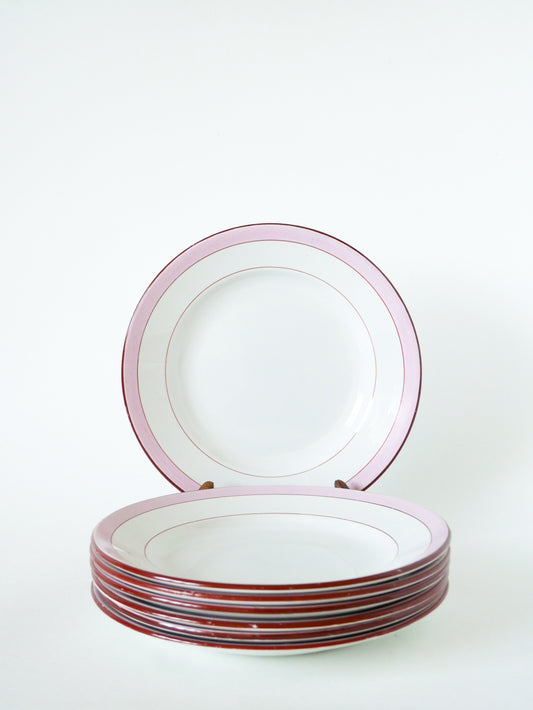 Lot de de 7 assiettes plates Digoin Sarreguemines, modèle Casino, Rose Bonbon, 1960