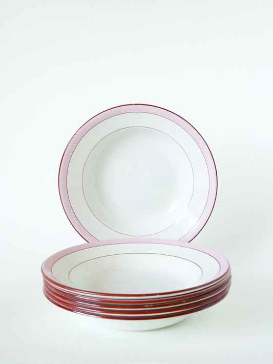 Lot de de 6 assiettes creuses Digoin Sarreguemines, modèle Casino, Rose Bonbon, 1960