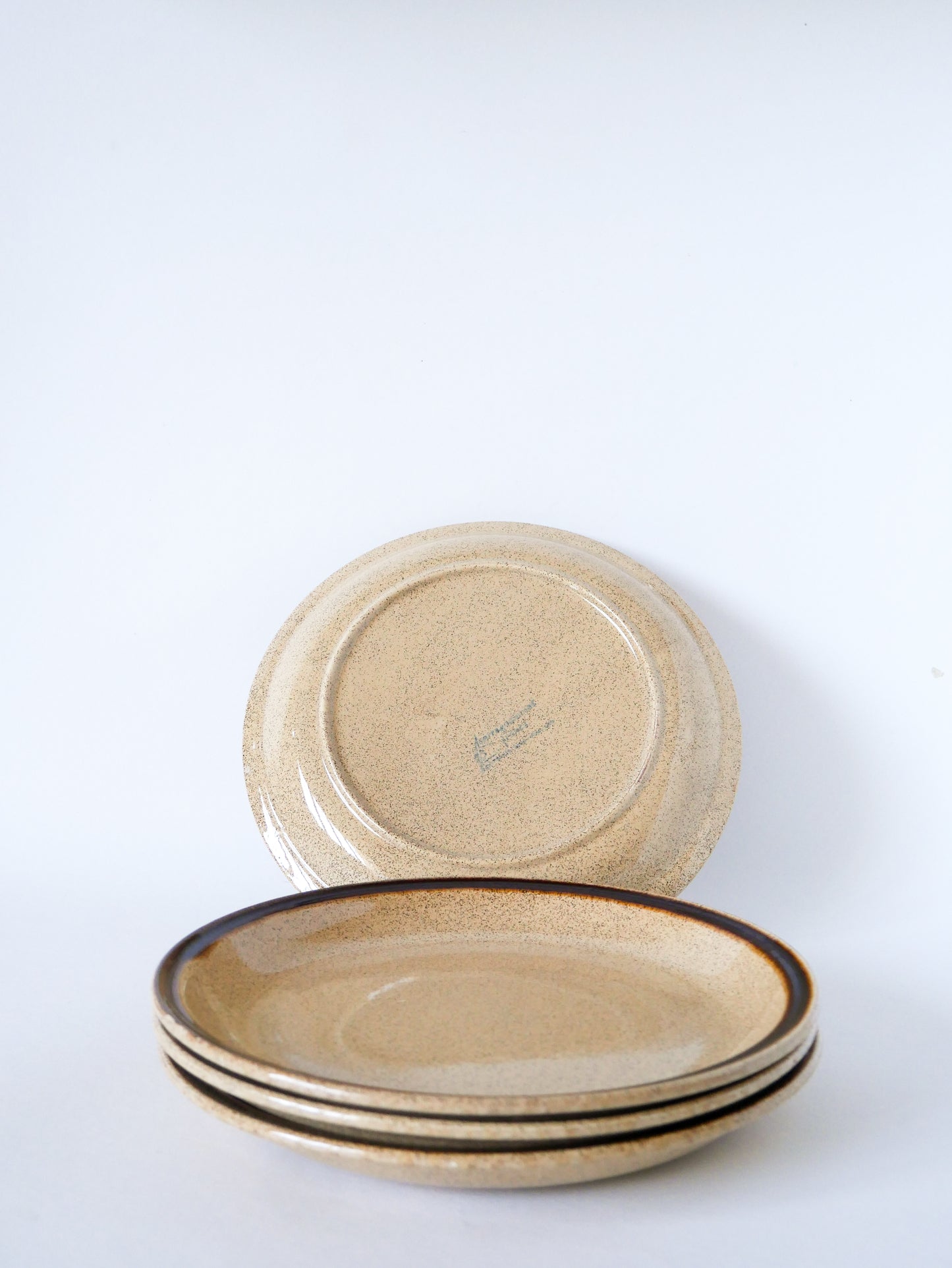 Lot de 4 grandes assiettes en grès avec liseré, Made in France, 1970