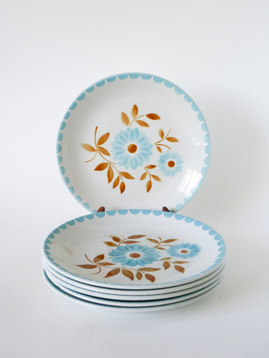 Lot de 6 assiettes semi-creuses à fleurs, Bleu Ciel et Marron, 1970