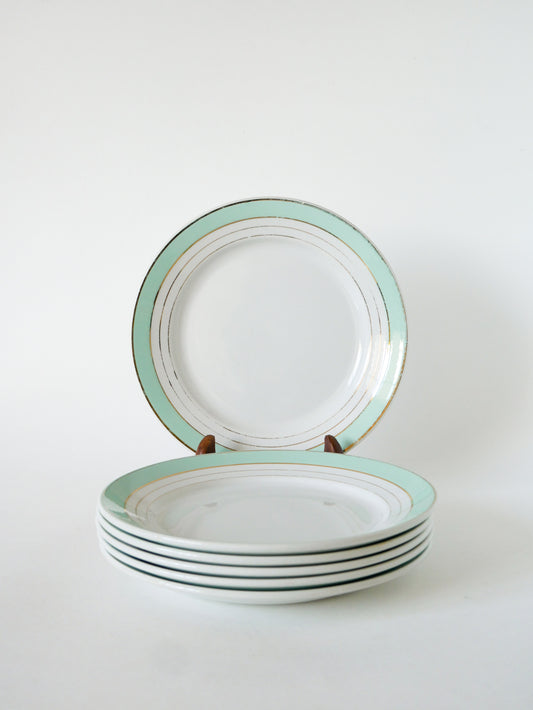 Lot de 6 assiettes à dessert Lunéville, modèle Régence, Menthe & Doré, 1960