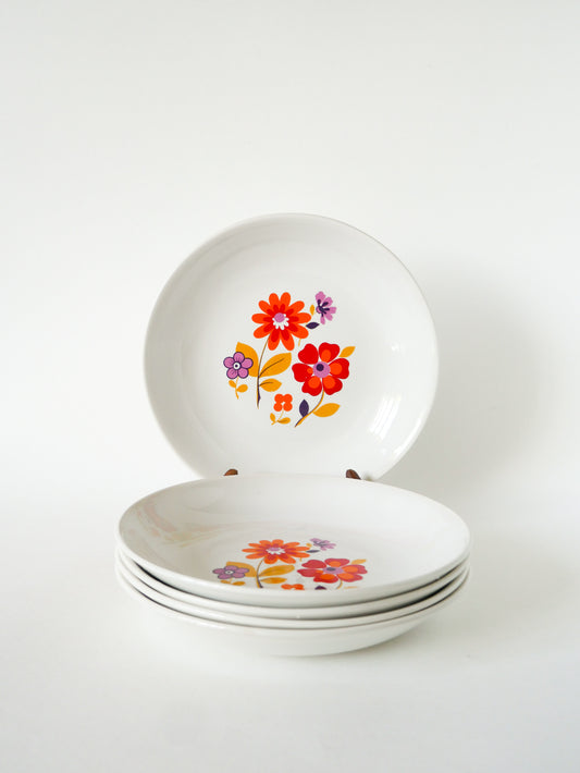 Lot de 5 assiettes creuses motifs Psyche Fleurs, Orange, 1970