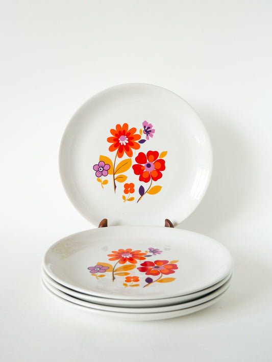 Lot de 5 assiettes plates motifs Psyche Fleurs, Orange, 1970