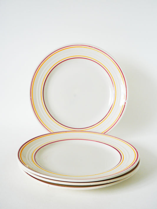 Ensemble de 4 assiettes plates à liserés, Jaune & Rouge, 1960