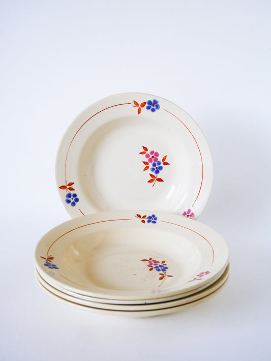 Lot de 5 assiettes creuses, Moulin des Loups, Rose, Bleu & Marron, 1950