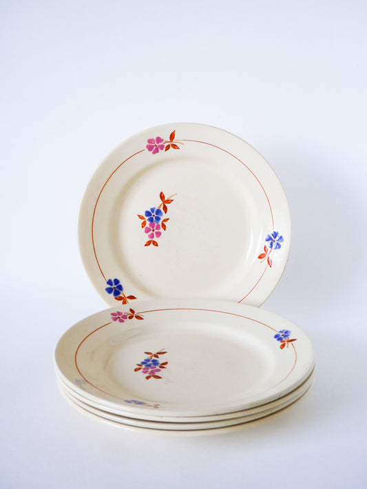 Lot de 5 assiettes plates, Moulin des Loups, Rose, Bleu & Marron, 1950