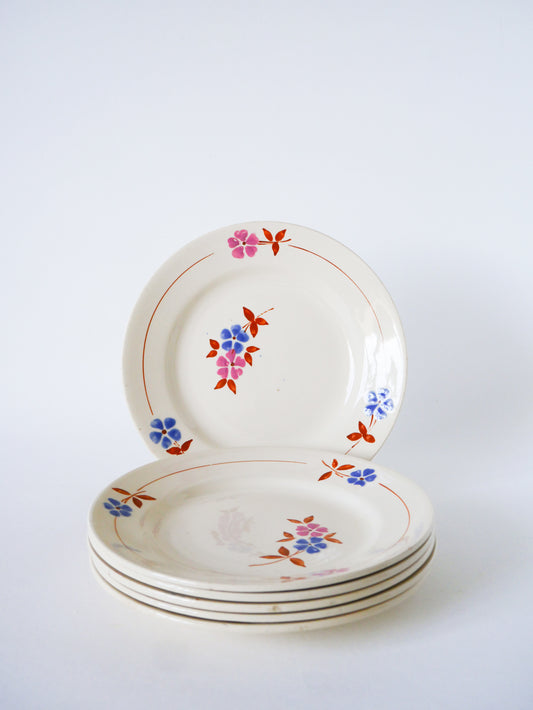 Lot de 6 assiettes à dessert, Moulin des Loups, Rose, Bleu & Marron, 1950