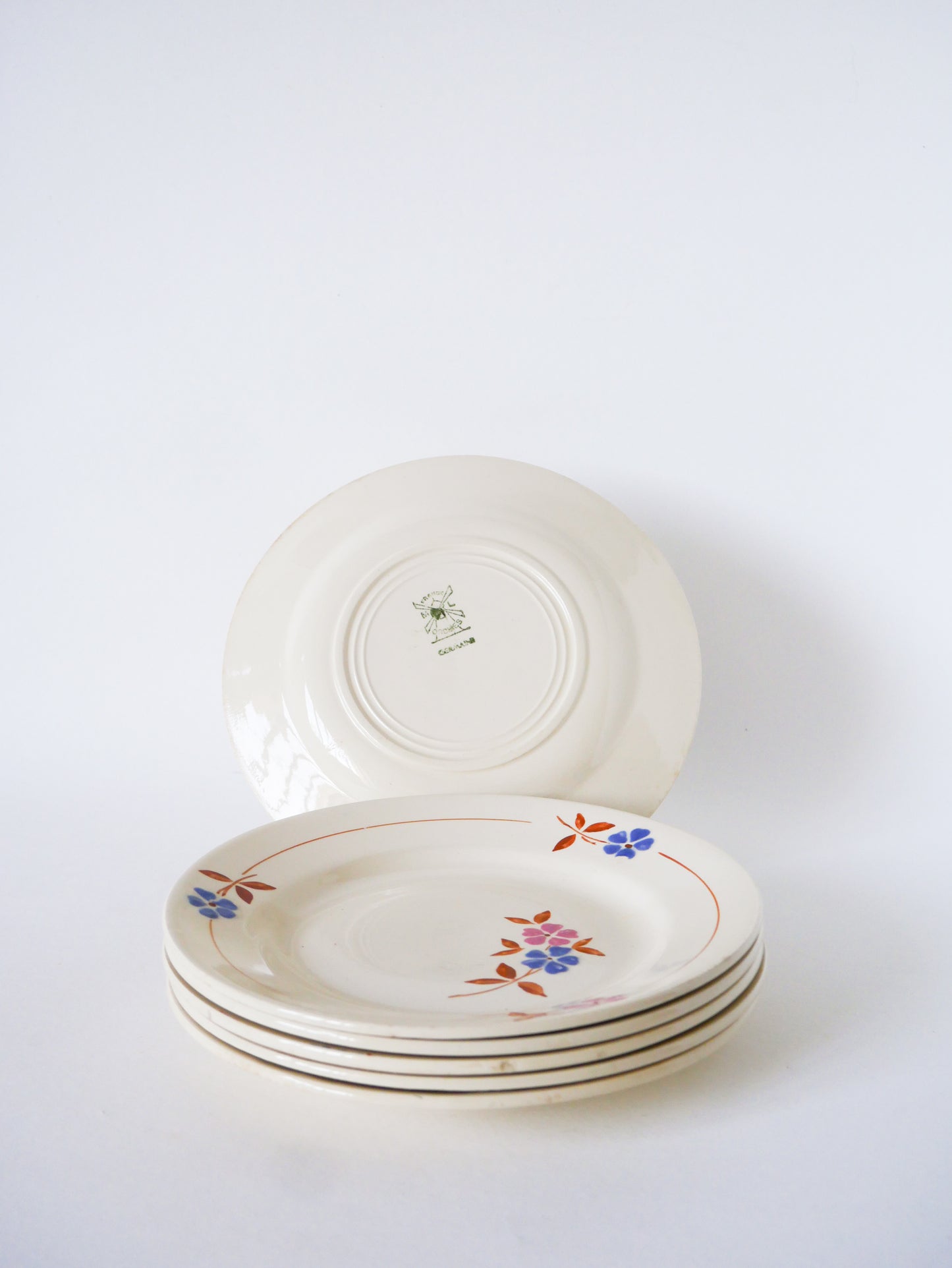 Lot de 6 assiettes à dessert, Moulin des Loups, Rose, Bleu & Marron, 1950