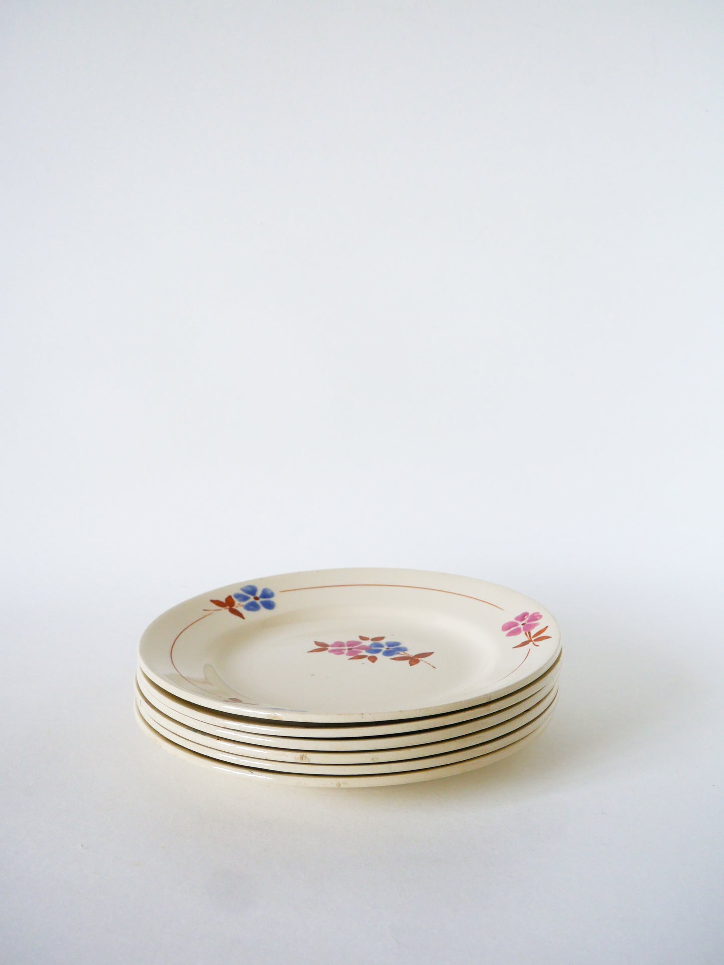 Lot de 6 assiettes à dessert, Moulin des Loups, Rose, Bleu & Marron, 1950