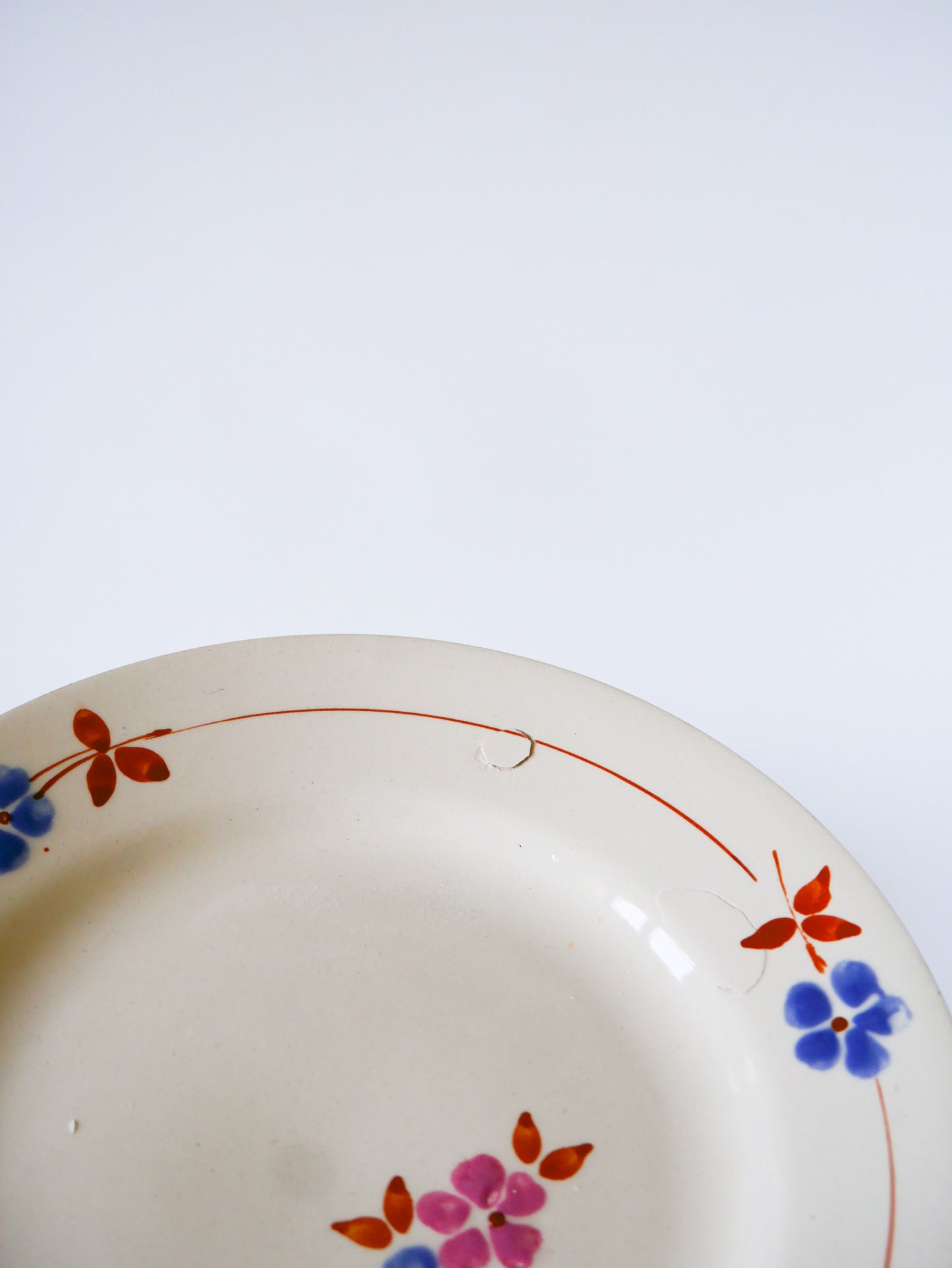 Lot de 6 assiettes à dessert, Moulin des Loups, Rose, Bleu & Marron, 1950