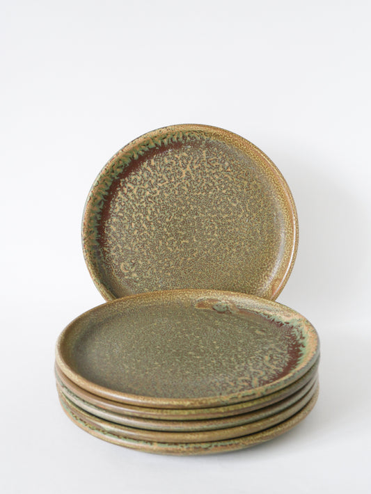 Lot de 6 assiettes plates en grès moucheté, Marron & Vert, Fabrication Artisanale, 1970