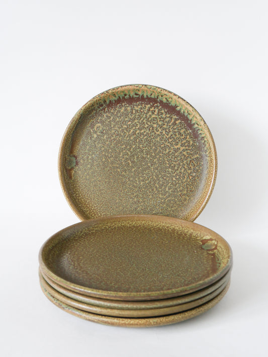 Lot de 5 assiettes plates en grès moucheté, Marron & Vert, Fabrication Artisanale, 1970