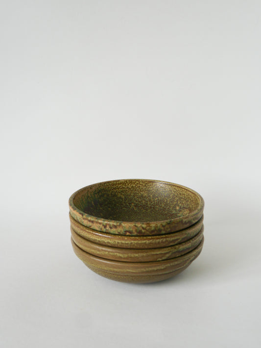 Lot de 4 assiettes creuses en grès moucheté, Marron & Vert, Fabrication Artisanale, 1970