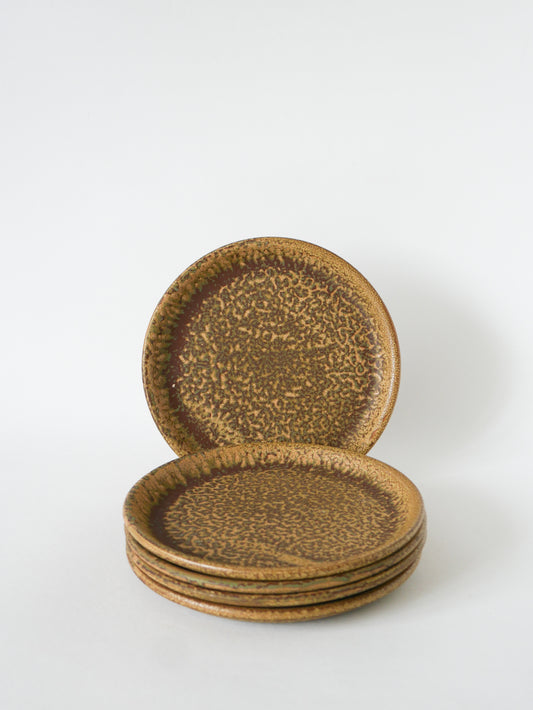 Lot de 5 assiettes à dessert en grès moucheté, Marron & Vert, Fabrication Artisanale, 1970