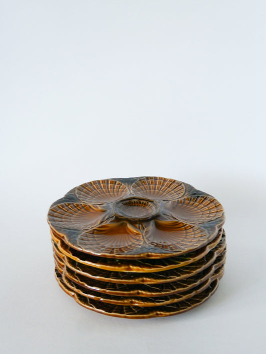 Lot de 6 assiettes à huîtres en barbotine, Marron, Design, 1960