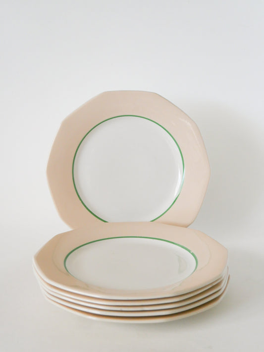 Lot de 6 assiettes plates hexagonales, Rose pâle et Liseré vert, 1960