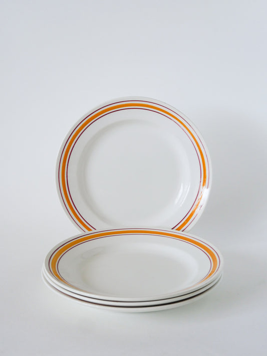 Lot de 4 assiettes plates, Liserés Jaune et Bordeaux, 1960
