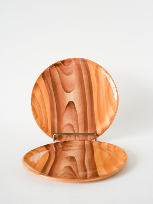 Paire d'assiettes à dessert en céramique, effet bois, Vallauris Grandjean-Jourdan, Design, 1960
