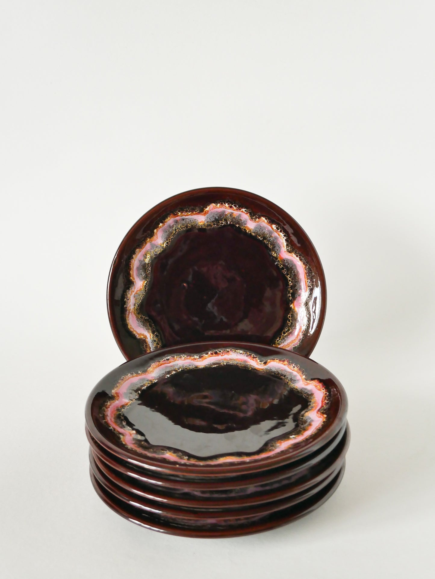 Lot de 6 assiettes à dessert en céramique, Marron et Rose, Vallauris, 1970