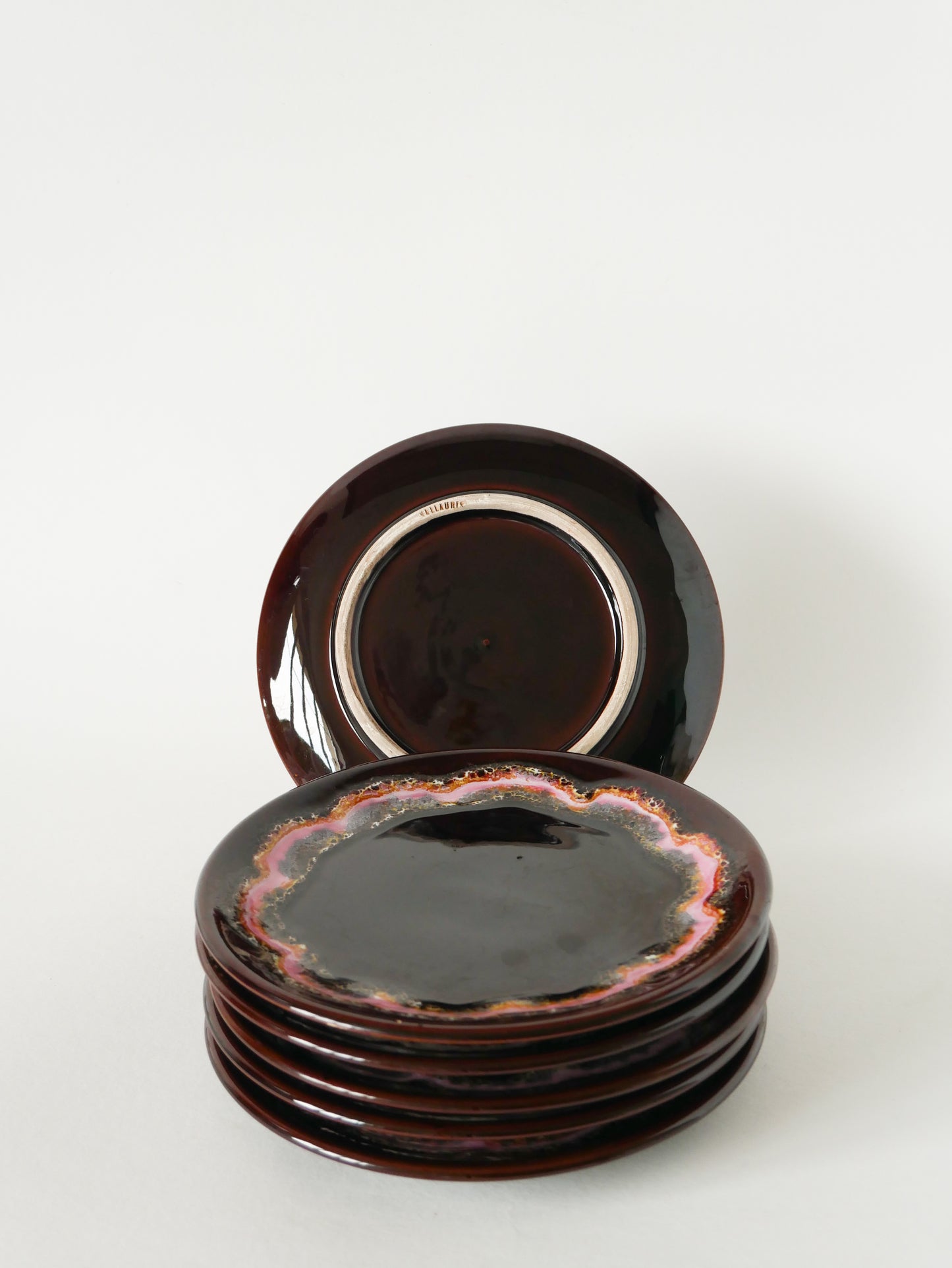 Lot de 6 assiettes à dessert en céramique, Marron et Rose, Vallauris, 1970