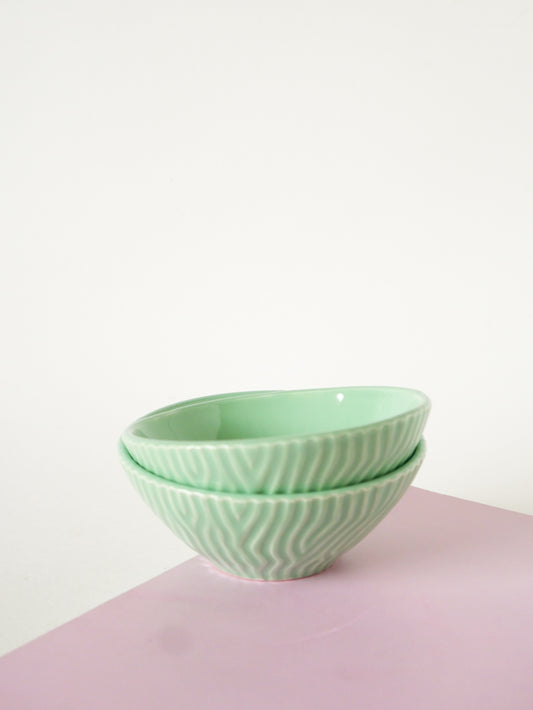 Paire de mini bols en Barbotine, Menthe, Digoin Sarreguemines, 1960