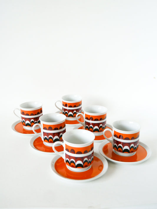 Ensemble de 6 tasses à café, motifs Psyche, Orange, Made in Germany, 1970