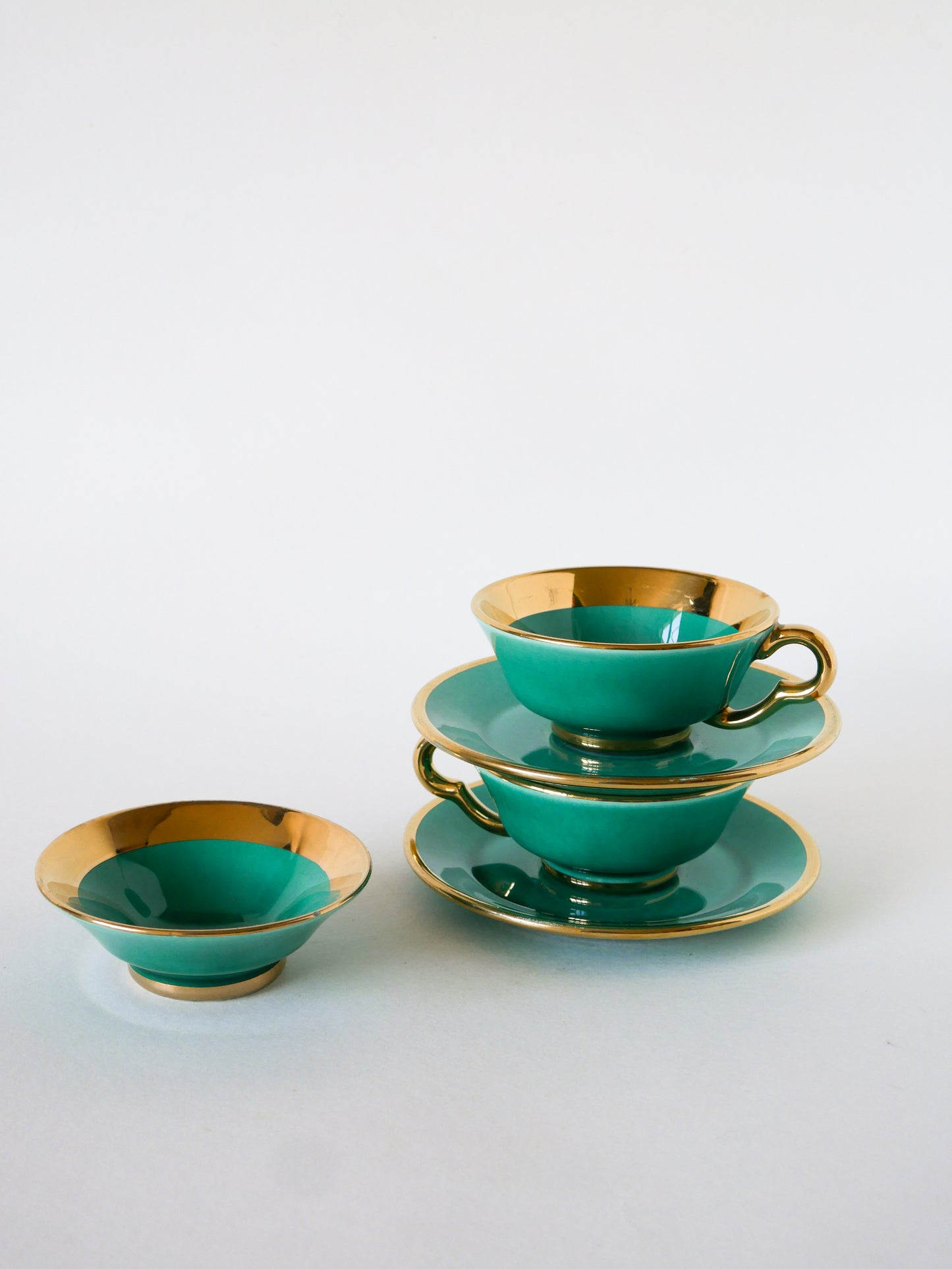 Paire de déjeuners en céramique Magdalithe Made in France, Vert & Doré, 1960