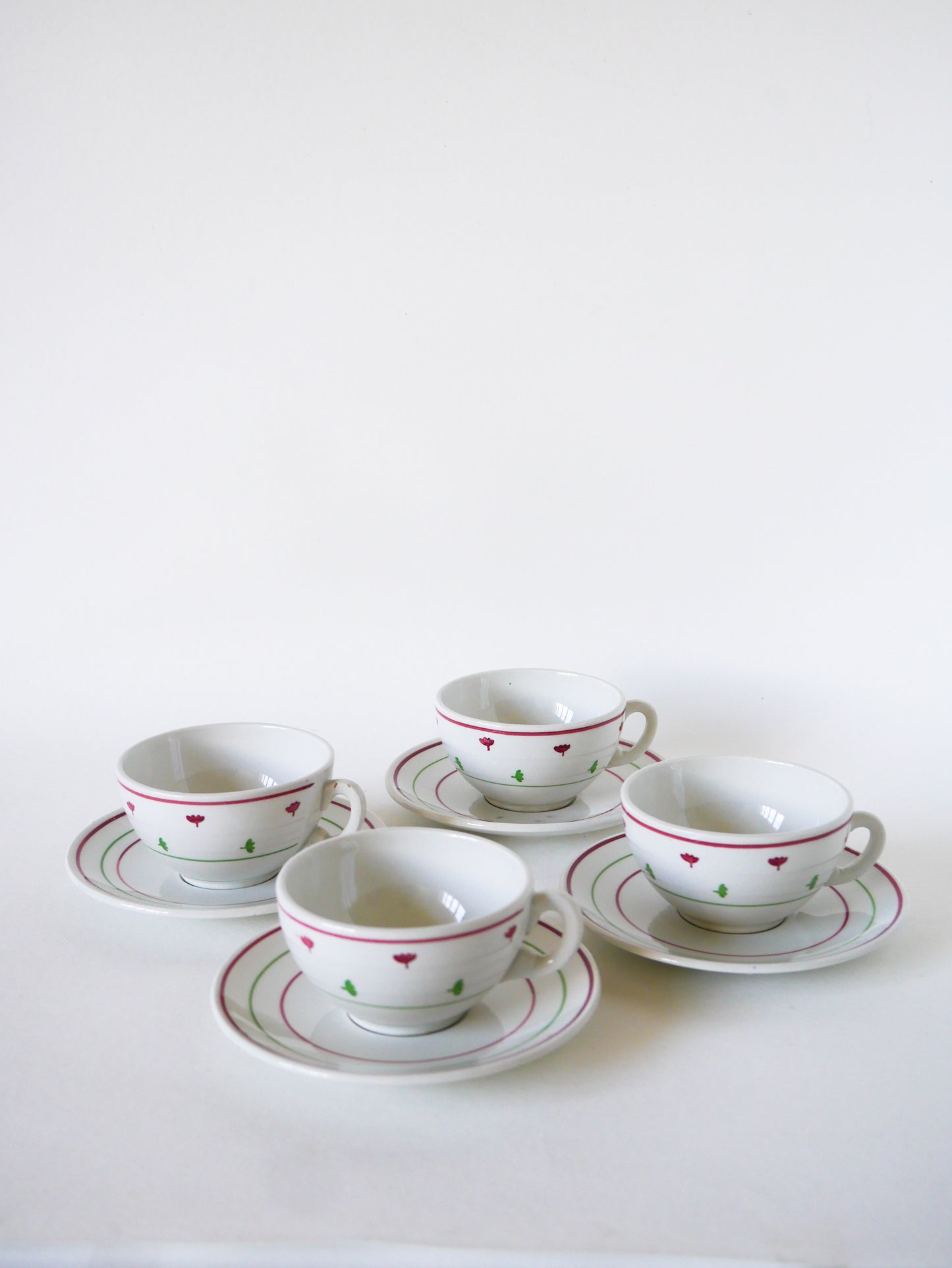 Lot de 4 tasses à café Luneville, Rose & Vert, 1950