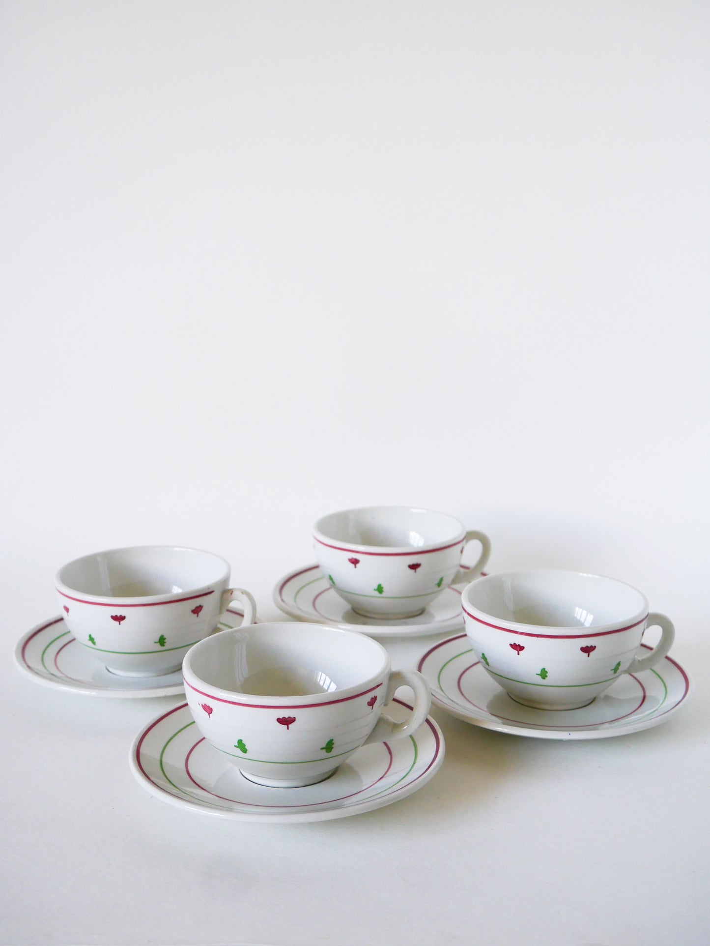 Lot de 4 tasses à café Luneville, Rose & Vert, 1950