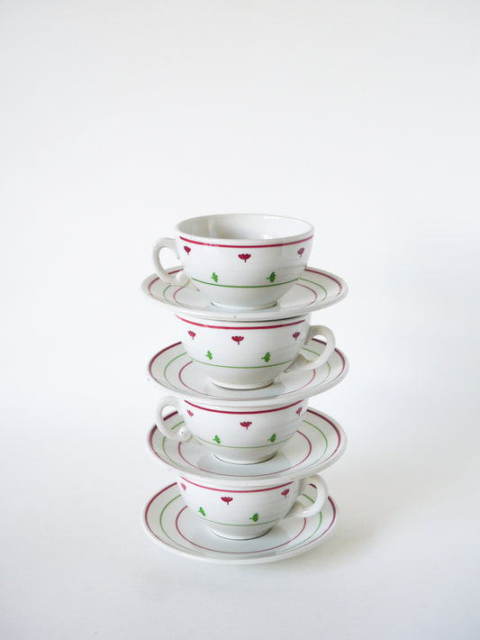 Lot de 4 tasses à café Luneville, Rose & Vert, 1950