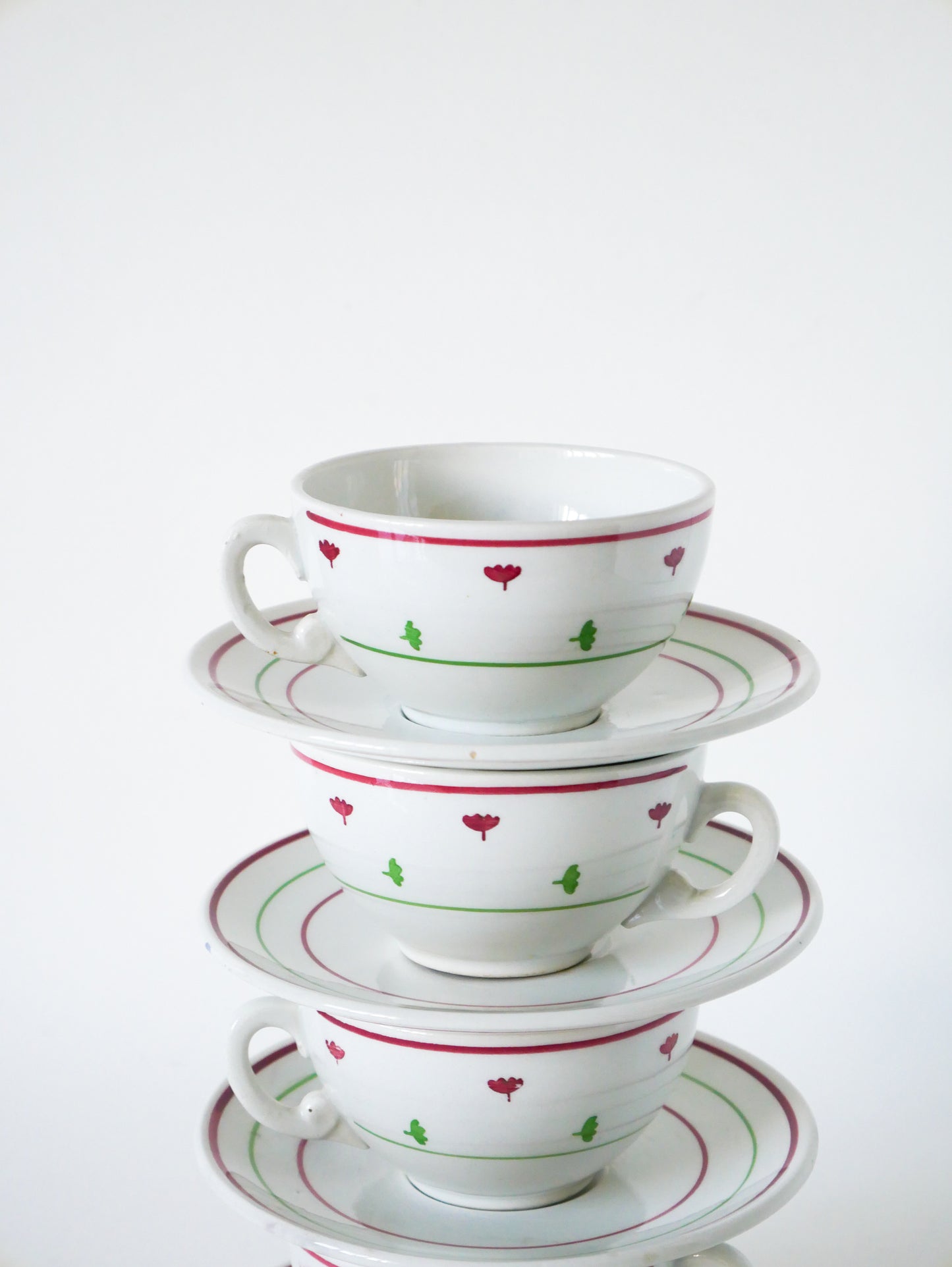 Lot de 4 tasses à café Luneville, Rose & Vert, 1950